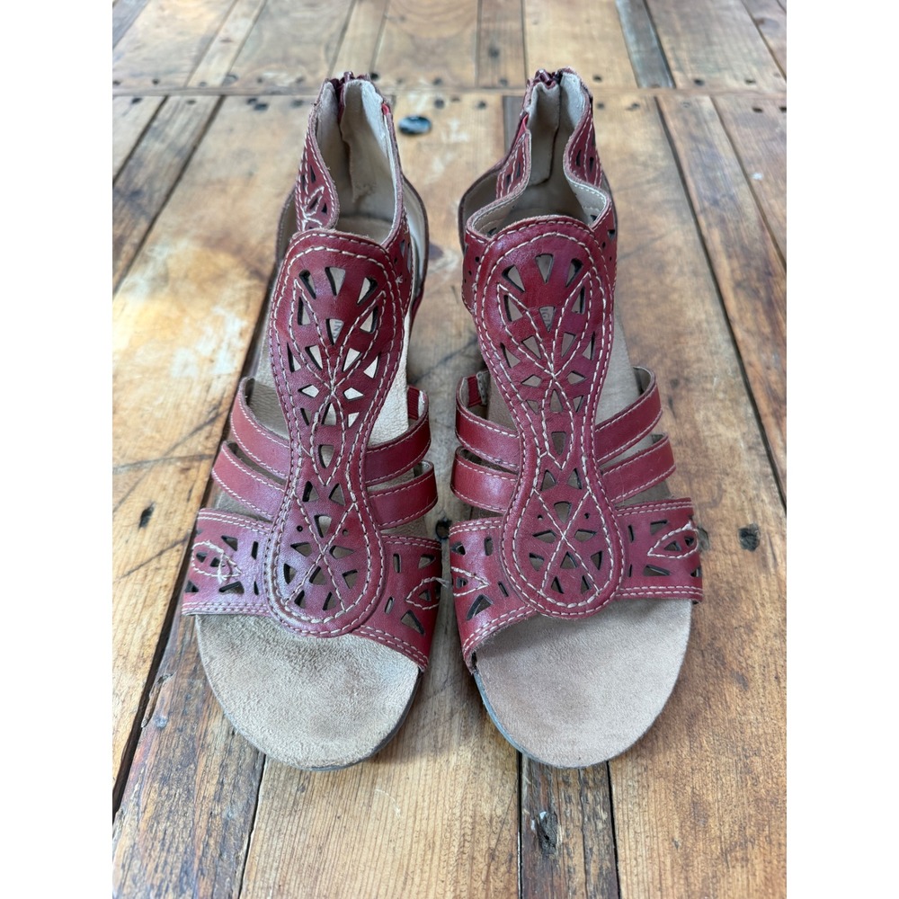 Earth Origins Womens Red Leather Wedge Sandals Cutout Boho Comfort Walking